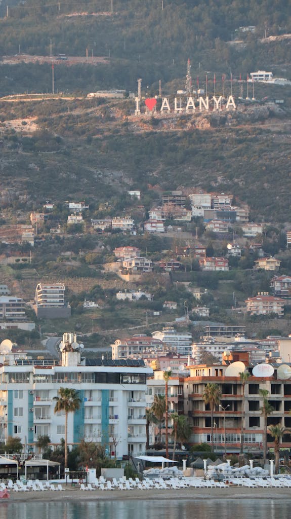 Beautiful Alanya cityscape featuring the iconic 'I Love Alanya' sign.